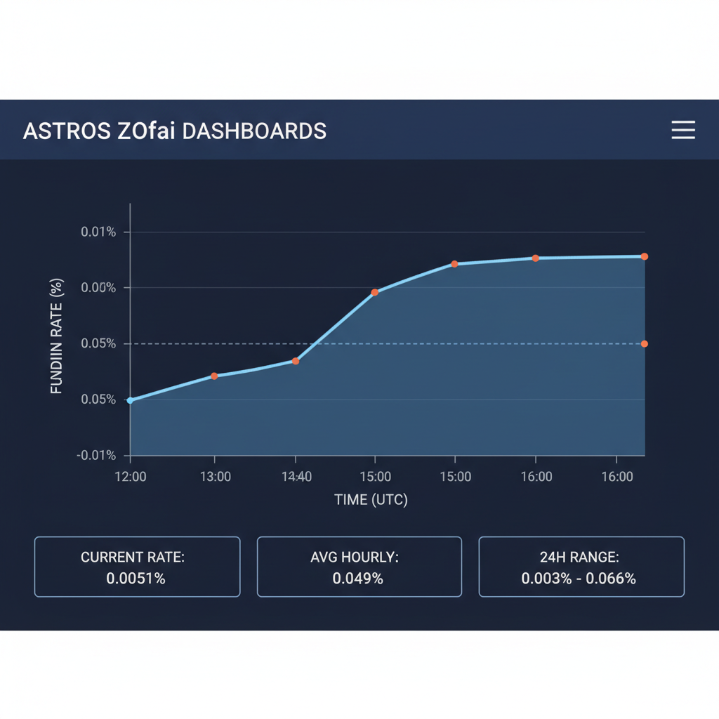 Funding rate chart hourly, low vol graph 0.005%, Astros ZOfai dashboards, data metrics