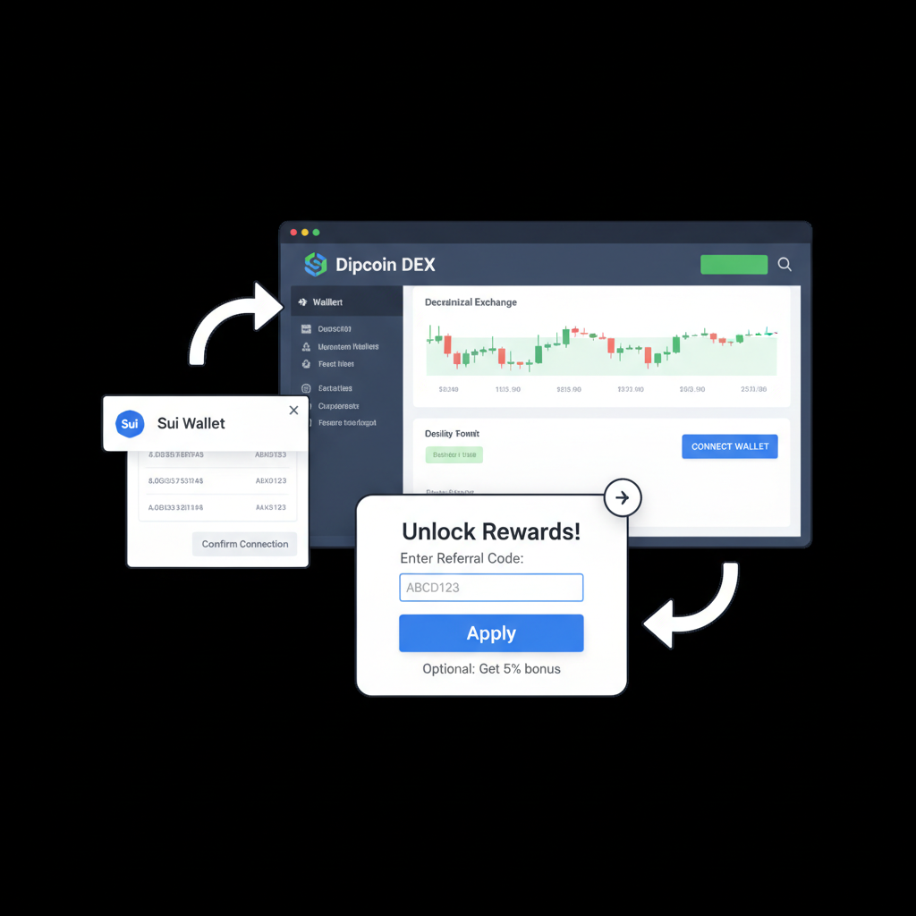 Sui wallet connecting to Dipcoin DEX dashboard with referral code popup