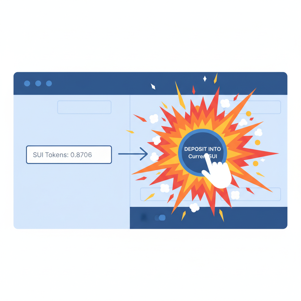Depositing SUI tokens at $0.8706 into CurrentSUI deposit interface, fiery explosion effects