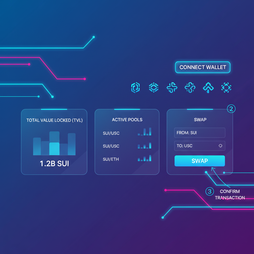 sleek DeFi dashboard on Sui blockchain, wallet connect button glowing blue, futuristic UI, vibrant neon accents