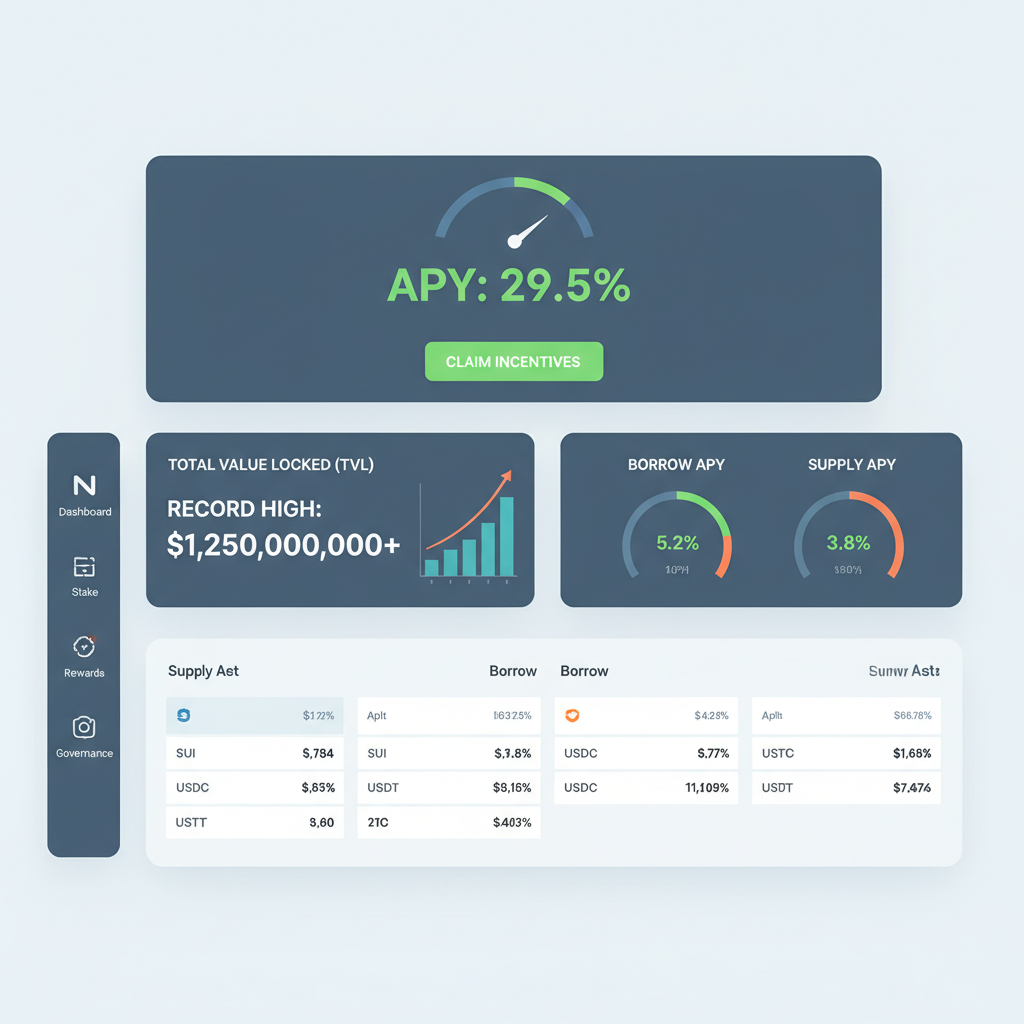 Navi Protocol dashboard overview, APY gauges at 29.5%, incentive claim button, TVL record high stats