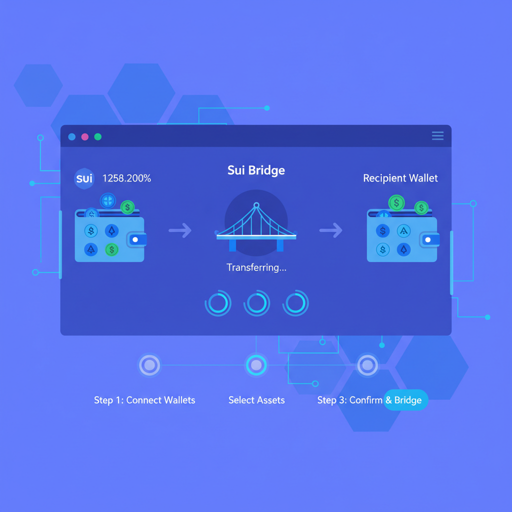 Sui blockchain bridge interface, assets transferring to wallet, futuristic blue UI, crypto trading theme