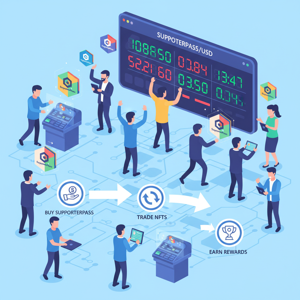 bustling crypto marketplace with trading SupporterPass NFTs, energetic traders