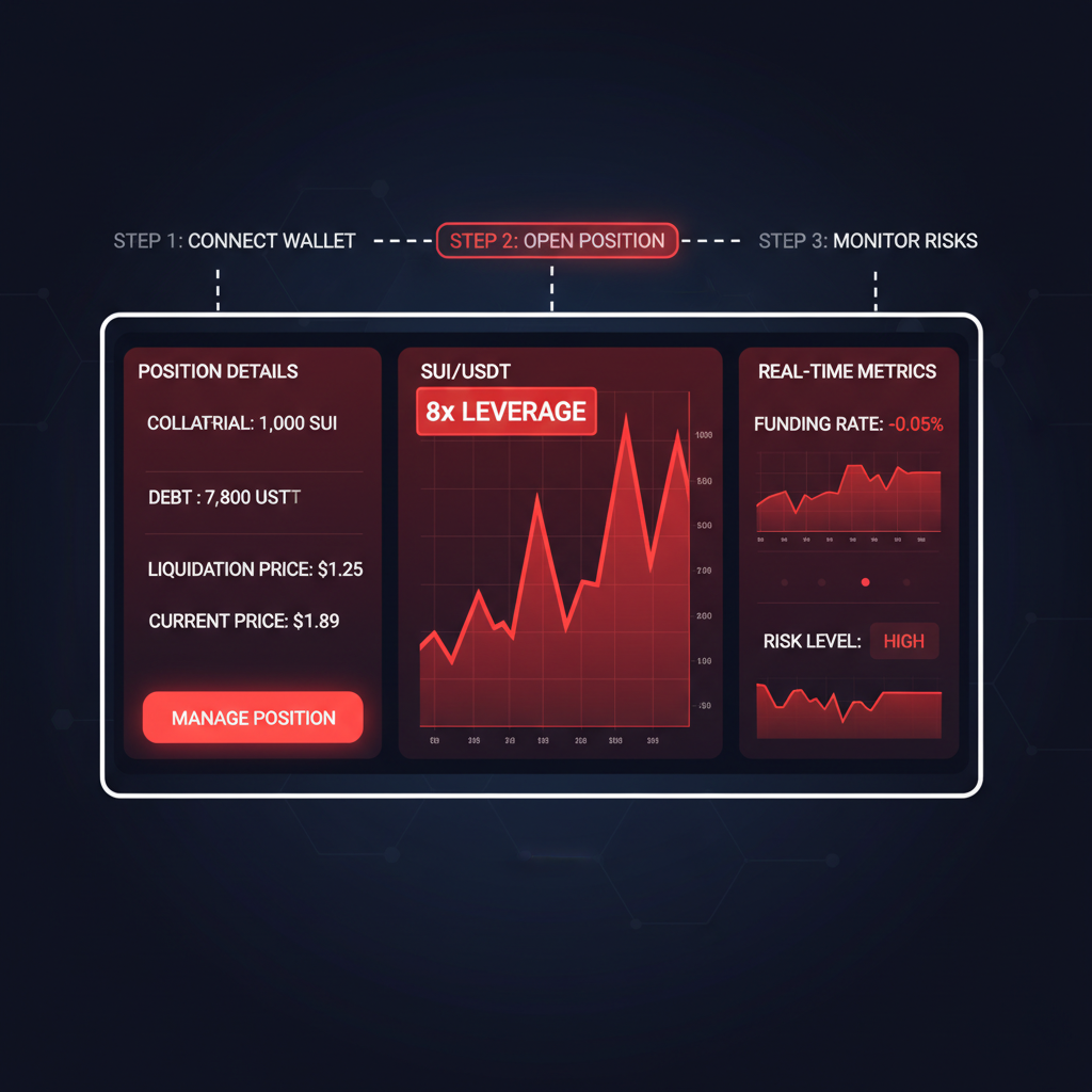 On-chain dashboard monitoring 8x leveraged SUI position, real-time charts, intense red glow