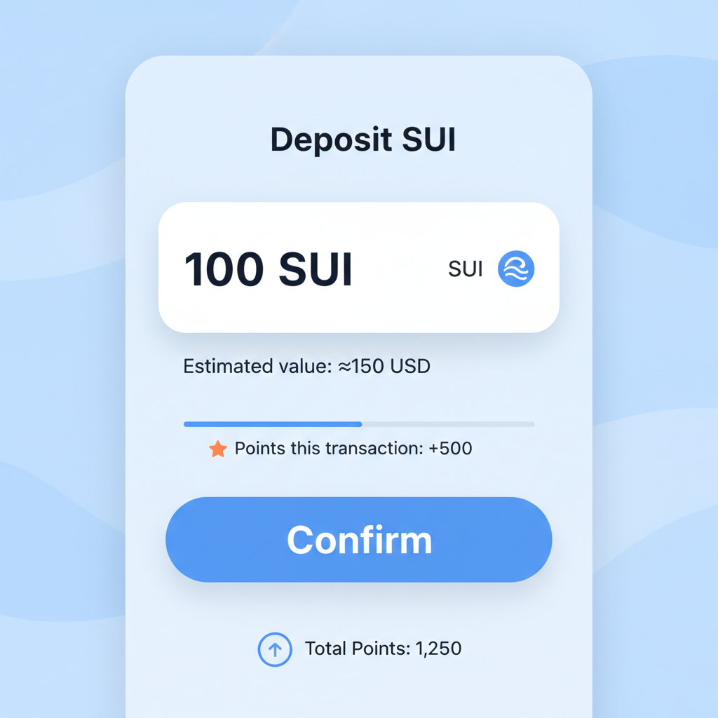 Tide app deposit interface, 100 SUI entered, confirm button, points indicator