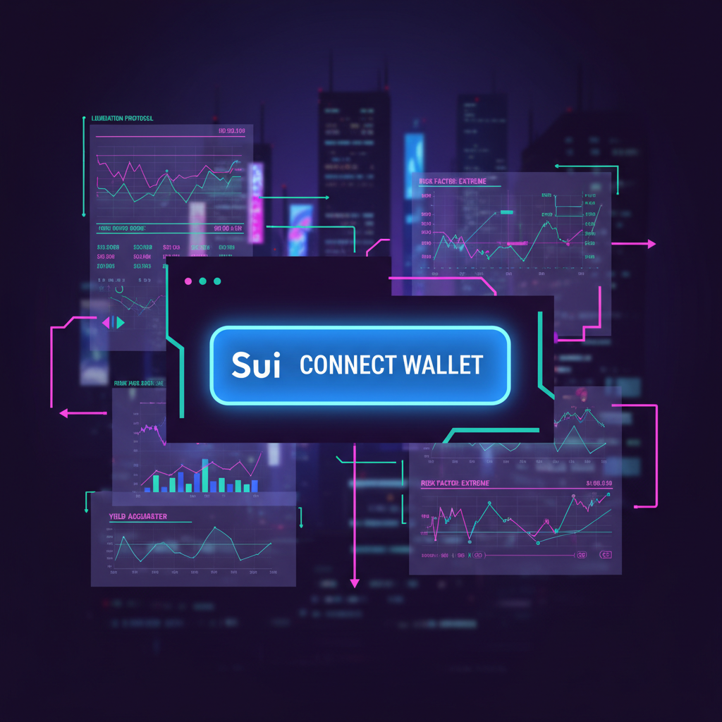 Sui wallet connection button on aggressive DeFi dashboard, neon lights, cyberpunk style