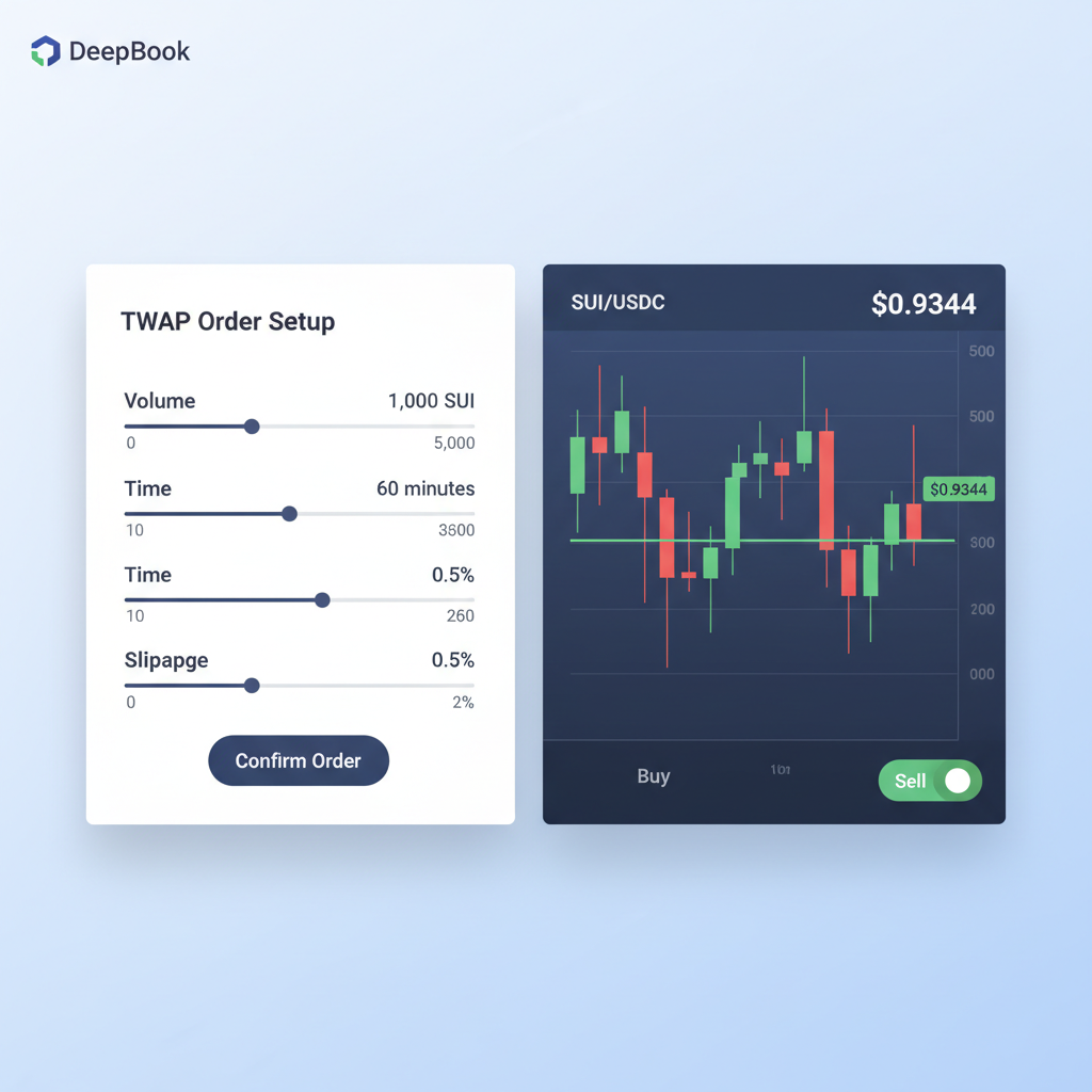 TWAP order setup form on DeepBook, fields for volume, time, slippage, SUI price chart at $0.9344, precise input sliders