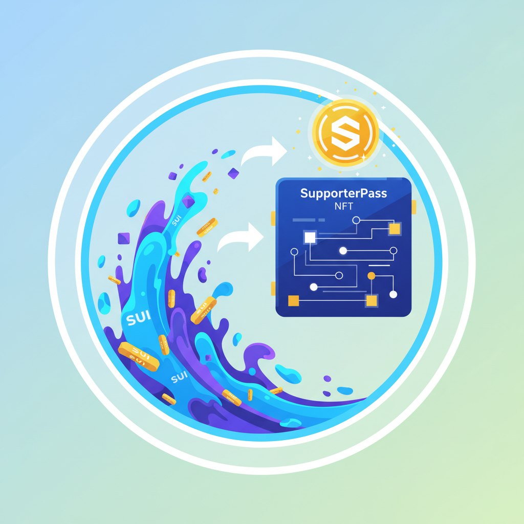 vibrant explosion of SUI depositing into contract, minting shiny SupporterPass NFT