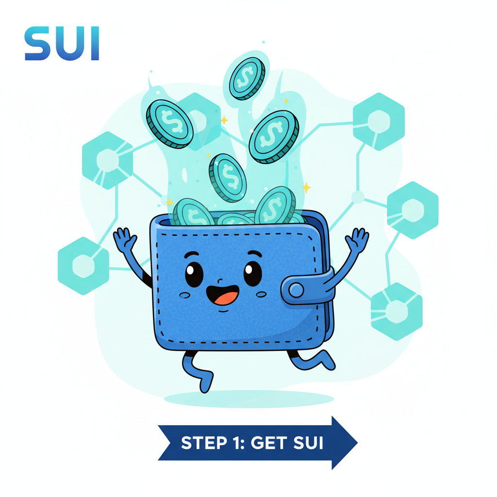 energetic cartoon wallet filling with glowing SUI coins on Sui blockchain background