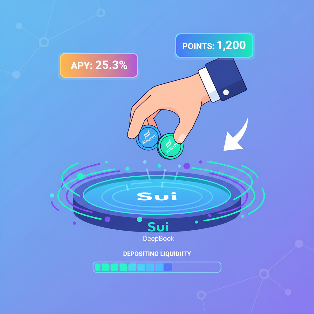 user depositing liquidity into vibrant suiUSDT margin pool on DeepBook, charts showing APY and points, Sui network theme