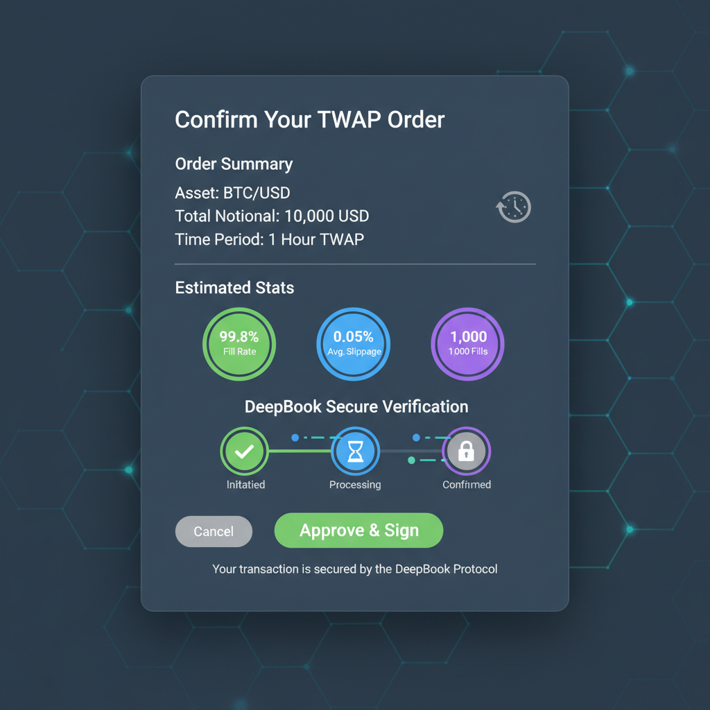 Order confirmation modal on DeepBook for TWAP, summary stats, approve button, secure blockchain verification theme