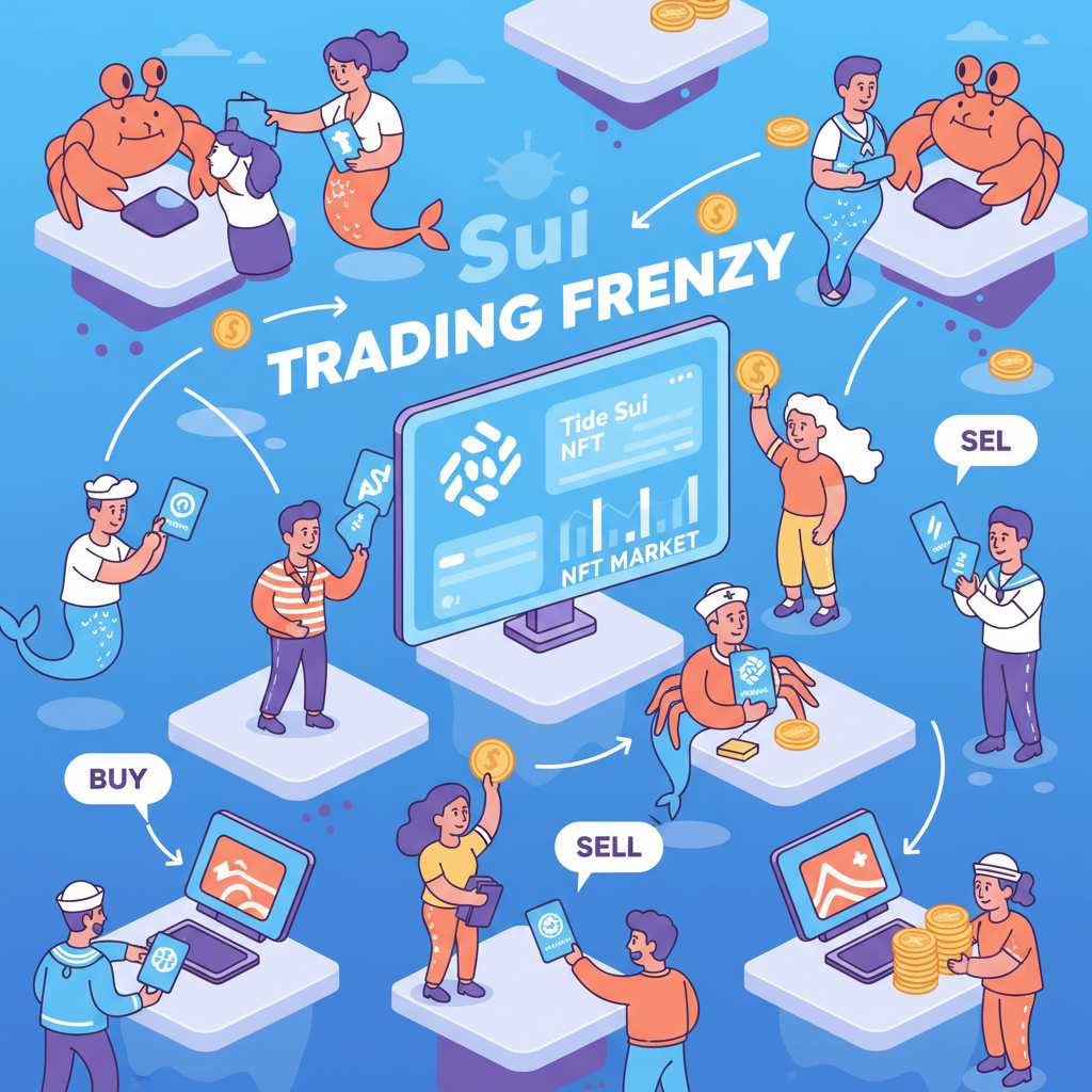 bustling NFT marketplace on Tide Sui, buying selling SupporterPass cards, vibrant trading frenzy with coins flying