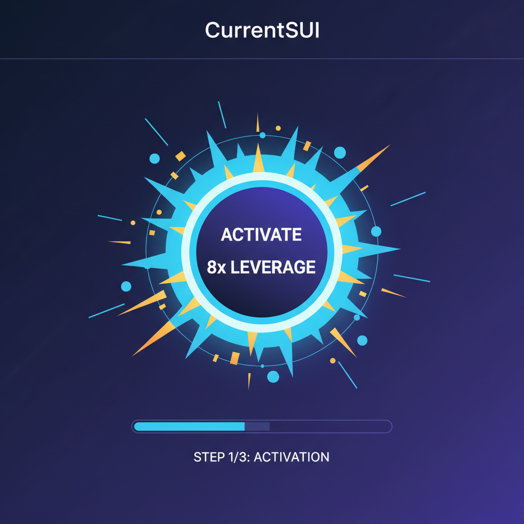 Glowing one-click 8x leverage button activation on CurrentSUI, explosive energy burst