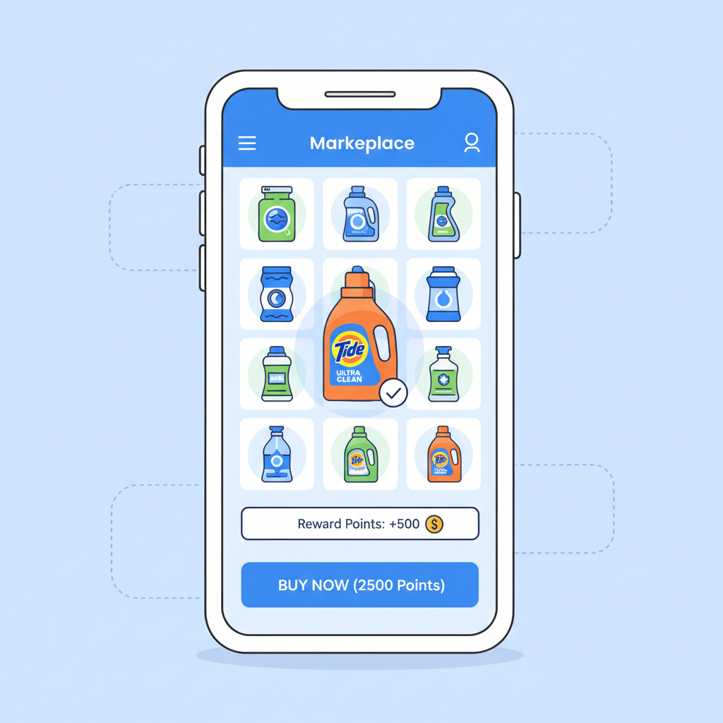 Tide marketplace UI, position selected, buy button active, points reward shown