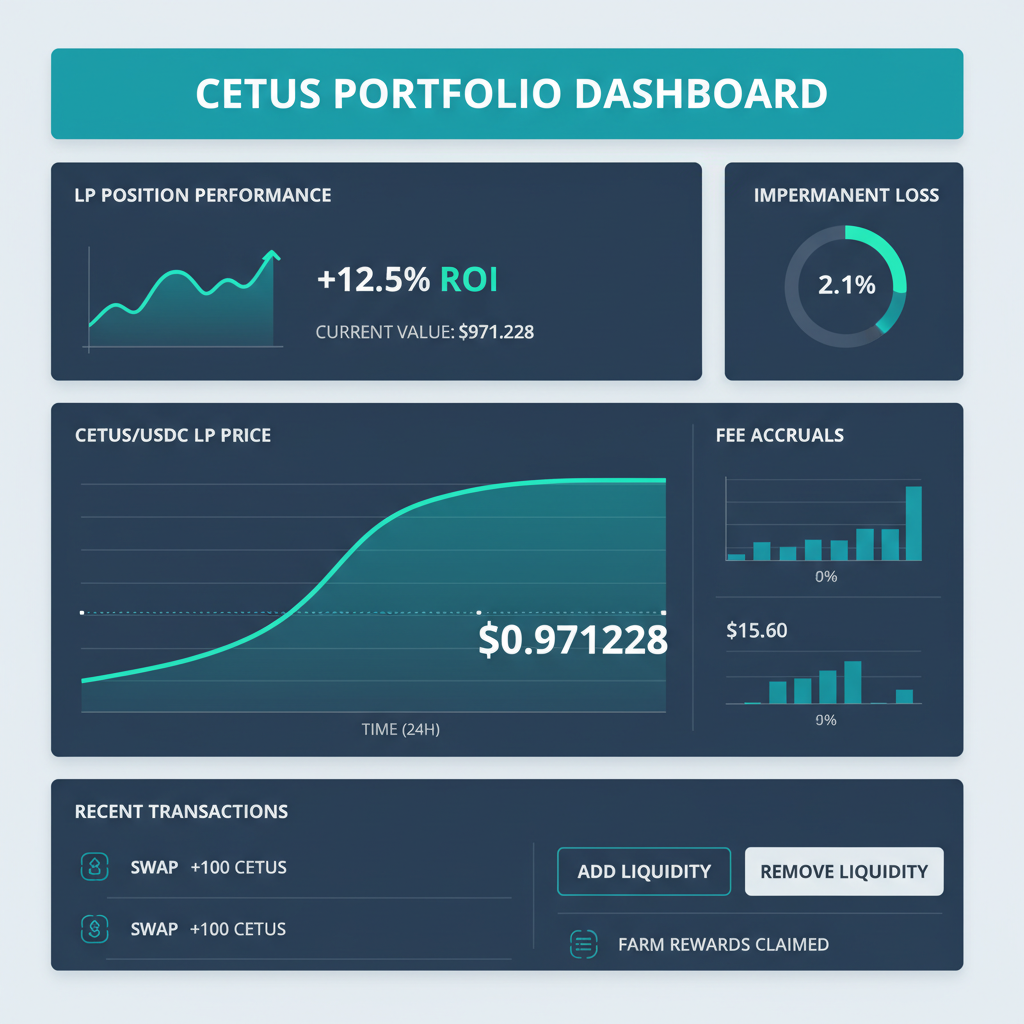 Cetus portfolio dashboard showing LP position performance, charts at $0.971228