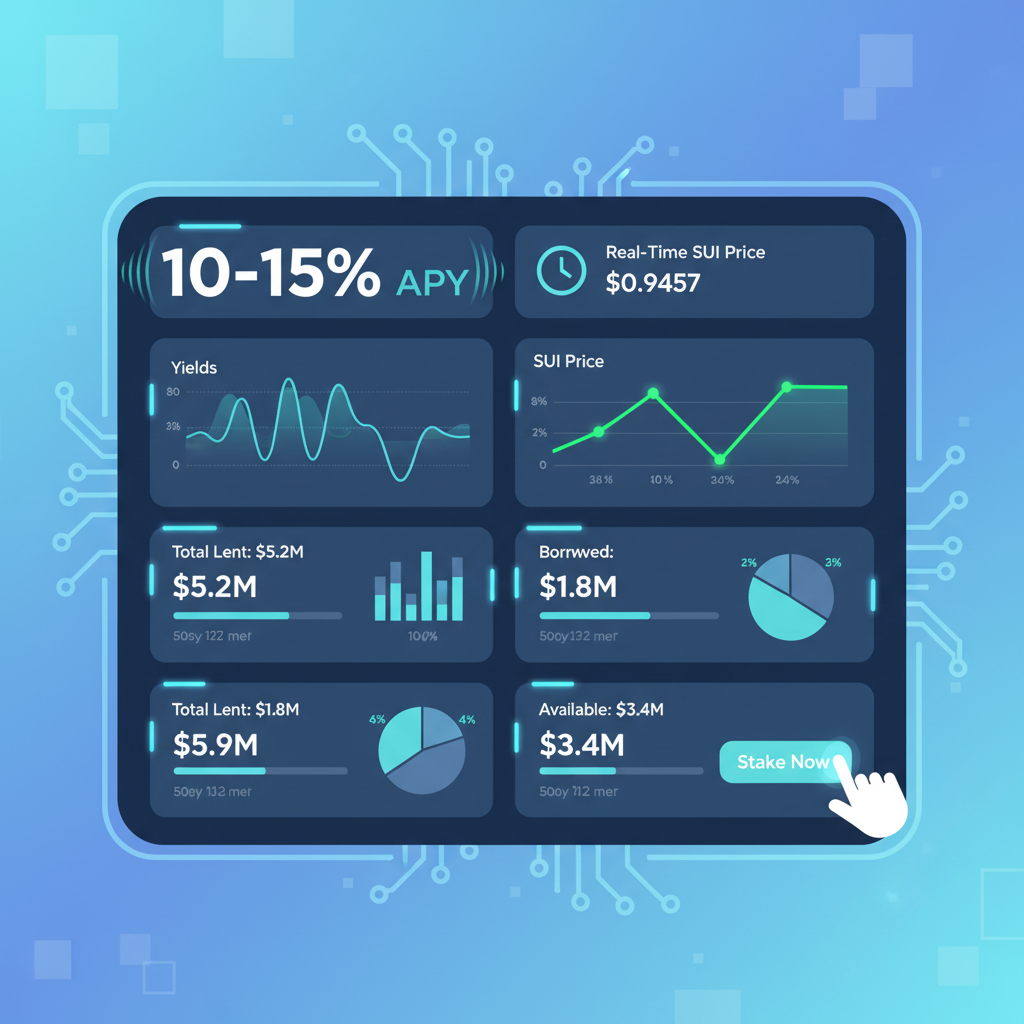 intense Suilend dashboard monitoring yields at 10-15% APY, real-time SUI price $0.9457 chart, pulsating metrics