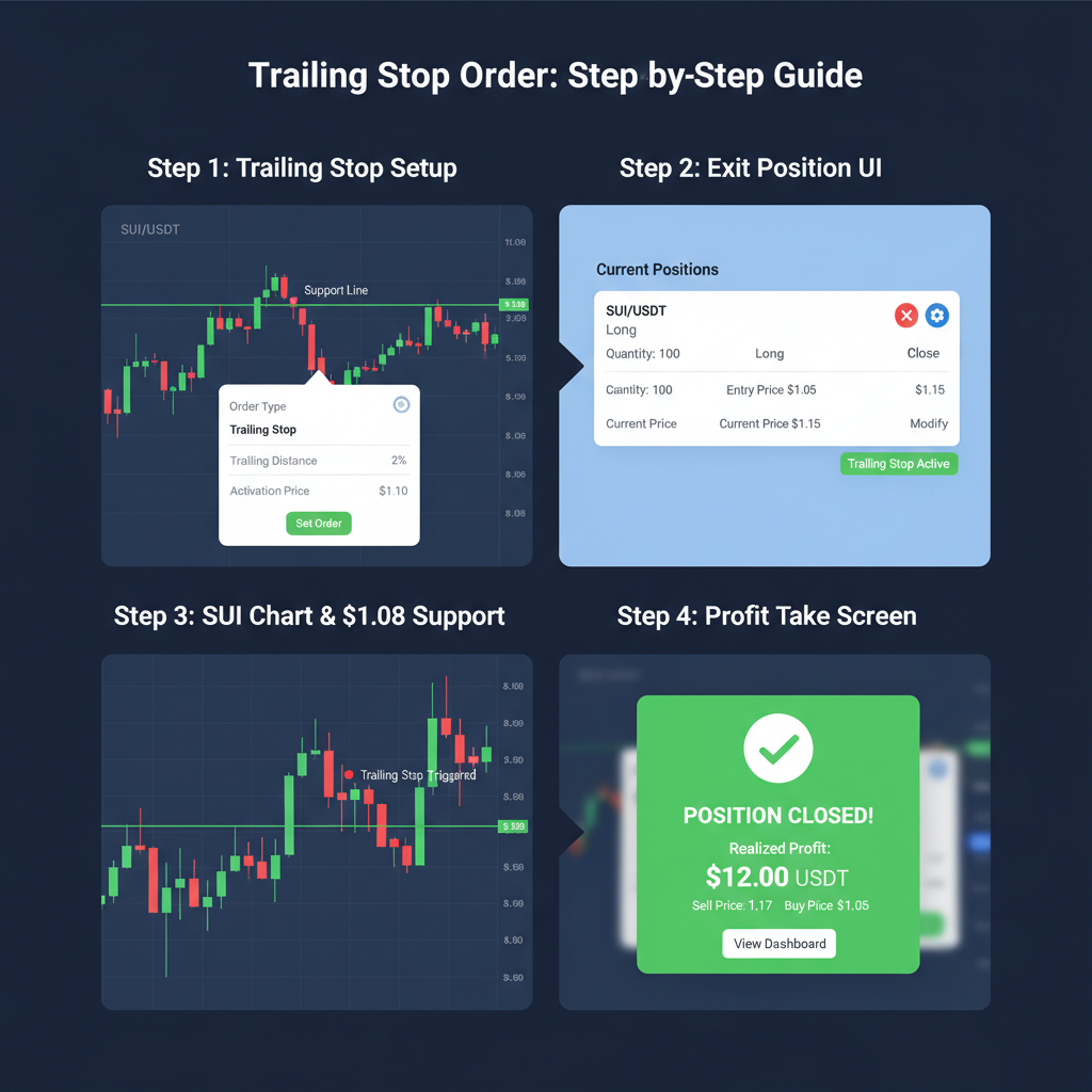 Trailing stop order setup, exit position UI, SUI chart $1.08 support line, profit take screen