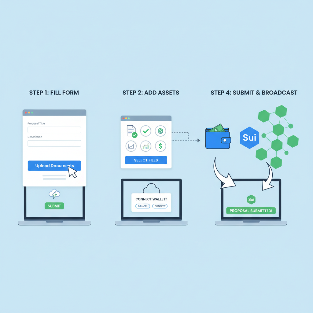 Submitting digital proposal form on Sui platform, upload icons, blockchain network visualization